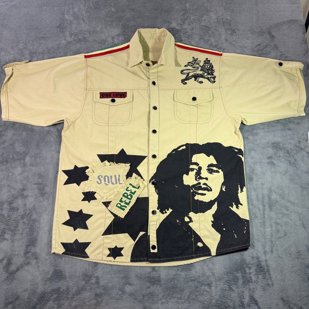 One Love Bob Marley Soul Rebel Graphic Button Up Shirt Tan Rasta Lion Mens